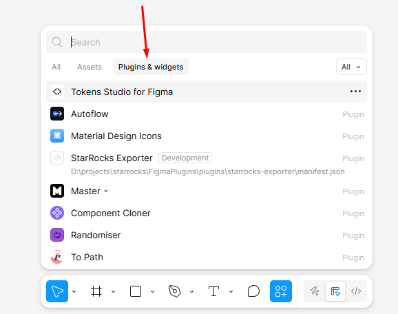 Figma Resources panel with Plugins and widgets tab highlighted