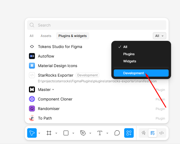 Figma plugin filter menu with Development selected